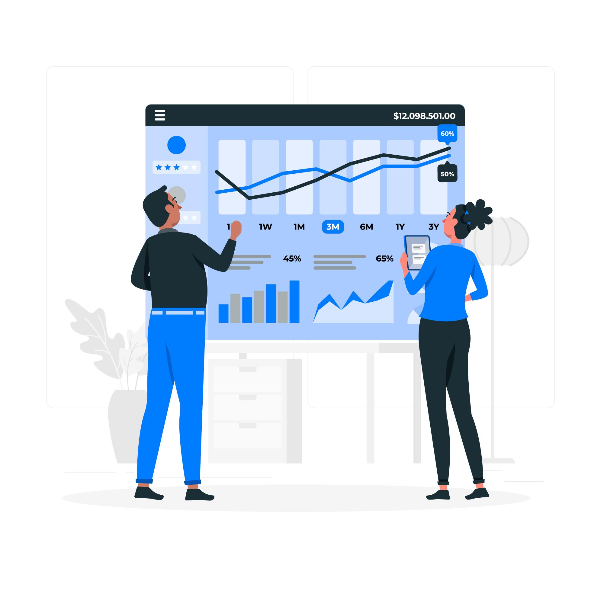 Two drawn people looking at a large webpage with graphs and financial details